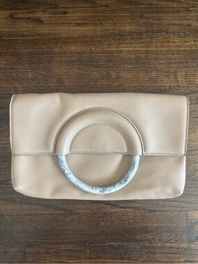 Beige Leather Clutch with Marble-Look Circle Handle and Cheetah Print Interior